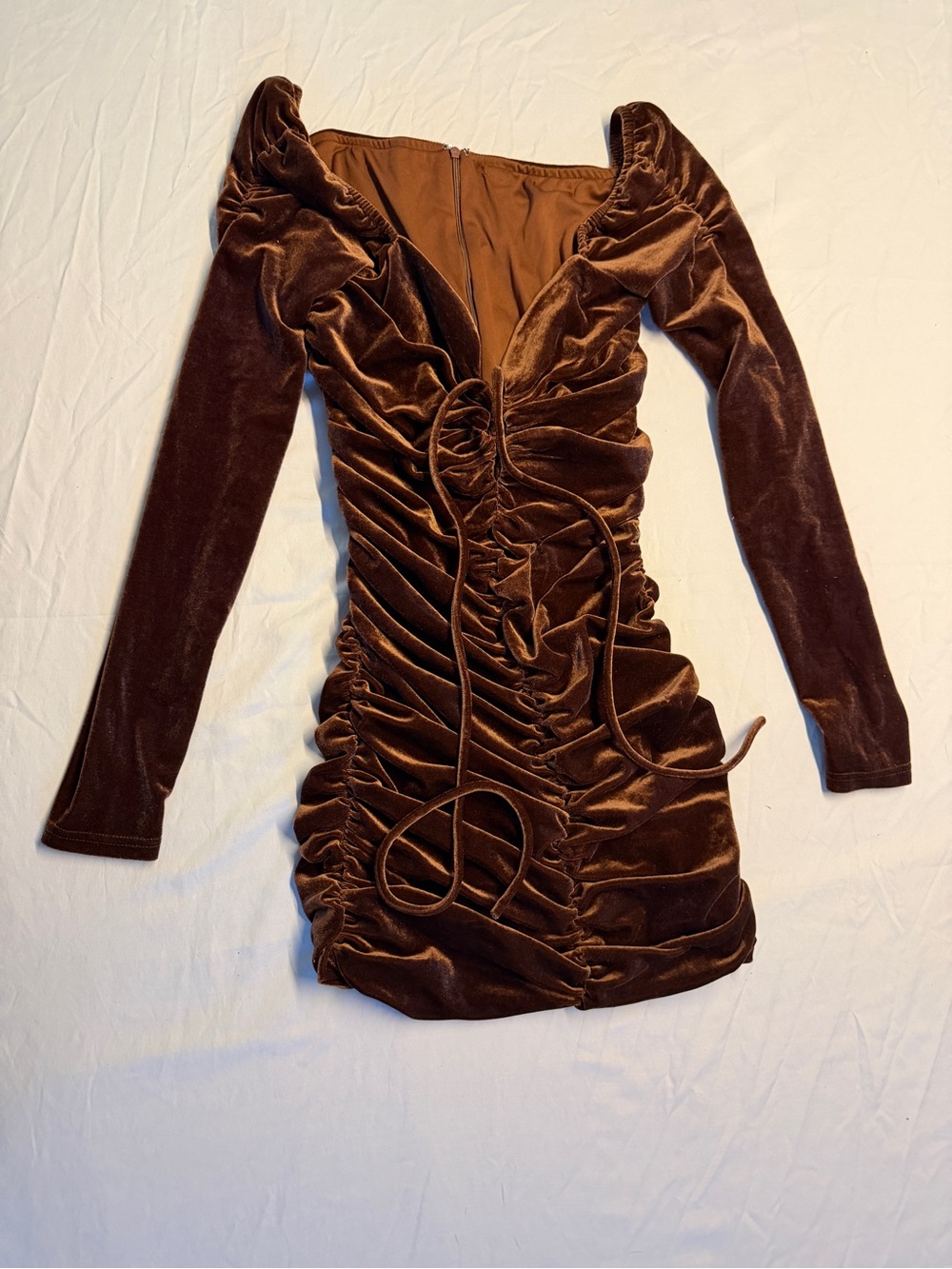Brown Velvet Ruched Mini Dress Long Sleeve Y2K Lace-Up Bodycon